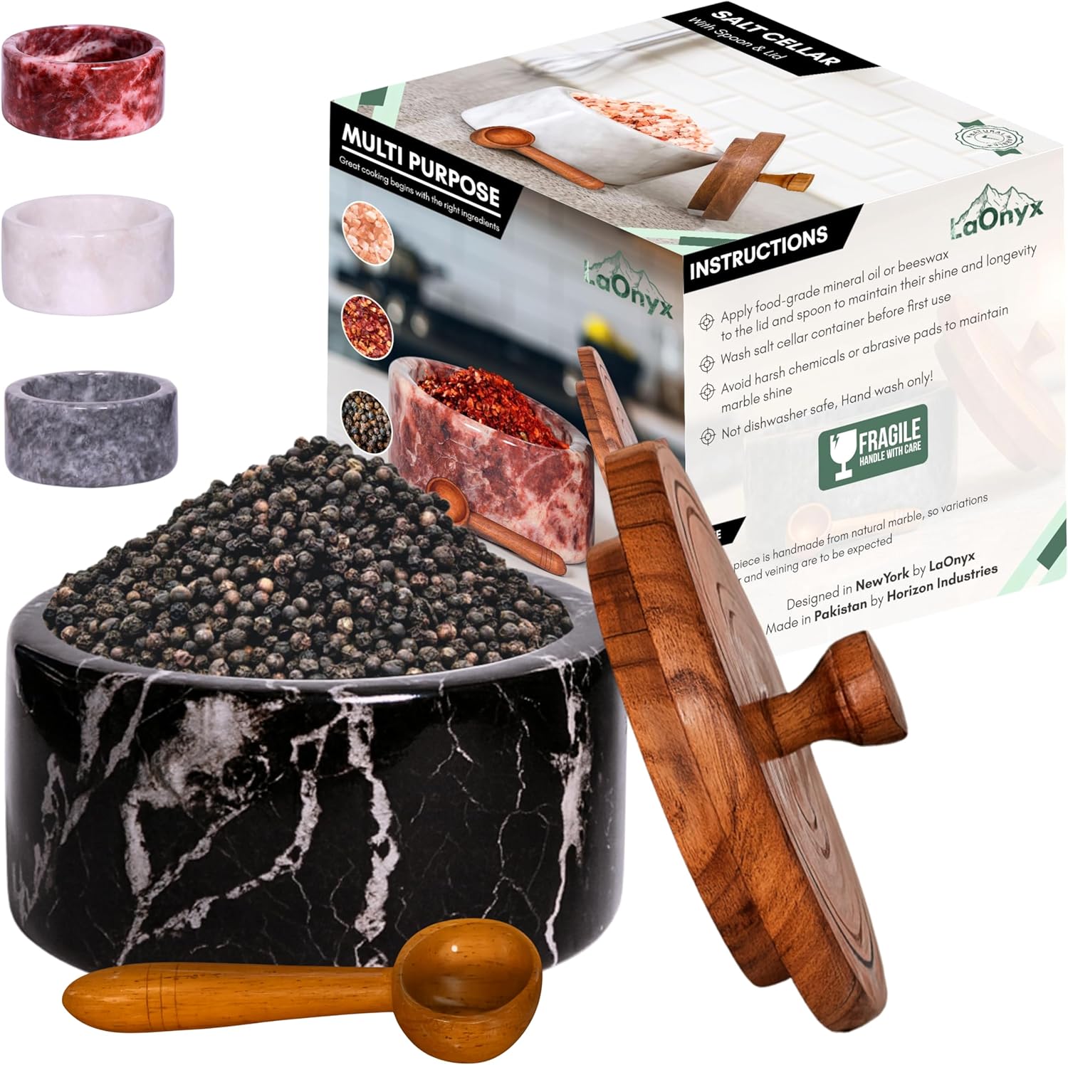 Marble Salt Cellar with Wooden Scoop & Lid